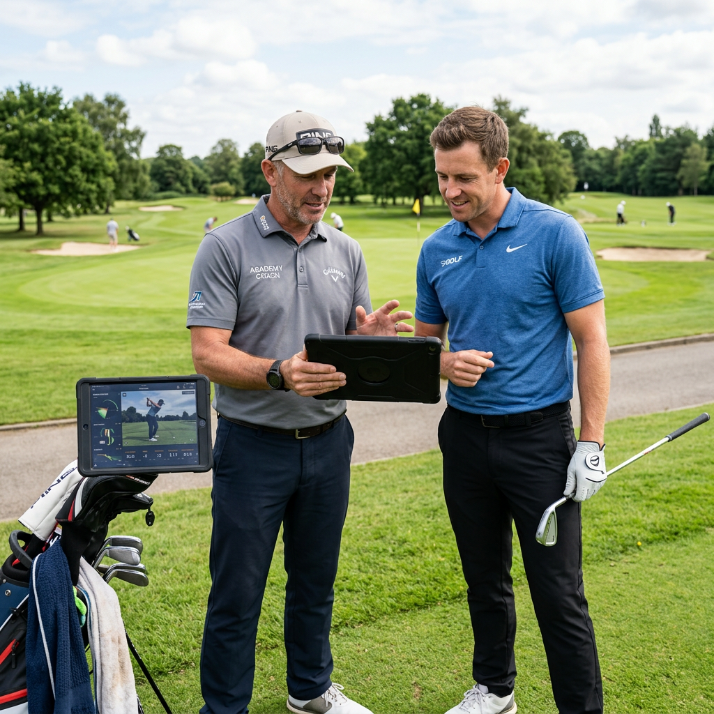 Coach et golfeur analysant une session sur tablette